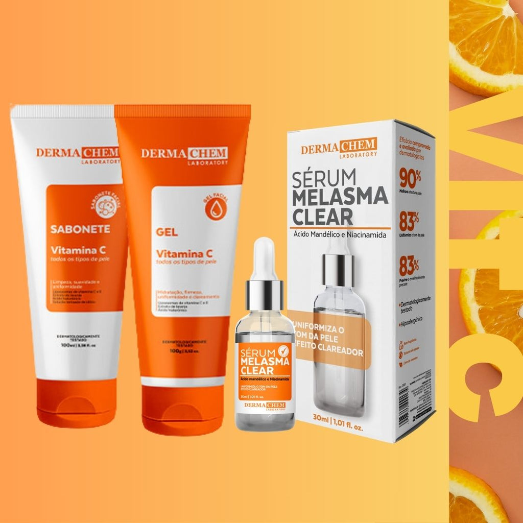 Kit Skincare Vitamina C Dermachem 3 em 1 – Clareador de Manchas, Anti-Idade e Rotina Completa para Pele Radiante