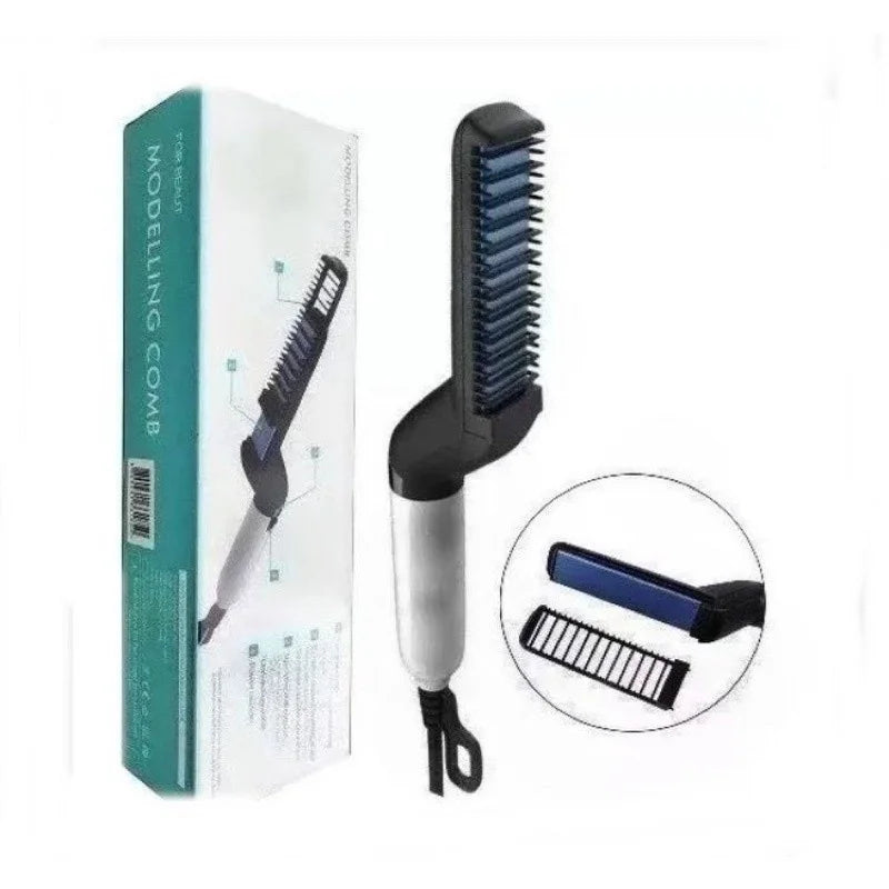 Escova Elétrica Masculina 2 em 1 para Barba e Cabelo – Modelador Portátil com Aquecimento Rápido e Anti-Frizz