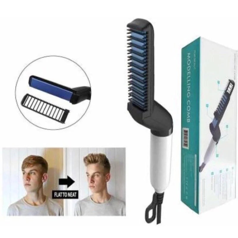 Escova Elétrica Masculina 2 em 1 para Barba e Cabelo – Modelador Portátil com Aquecimento Rápido e Anti-Frizz