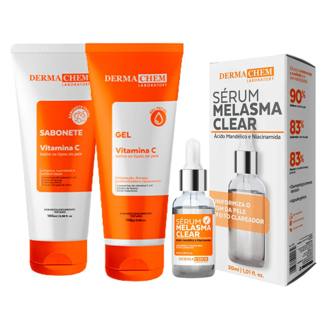 Kit Skincare Vitamina C Dermachem 3 em 1 – Clareador de Manchas, Anti-Idade e Rotina Completa para Pele Radiante