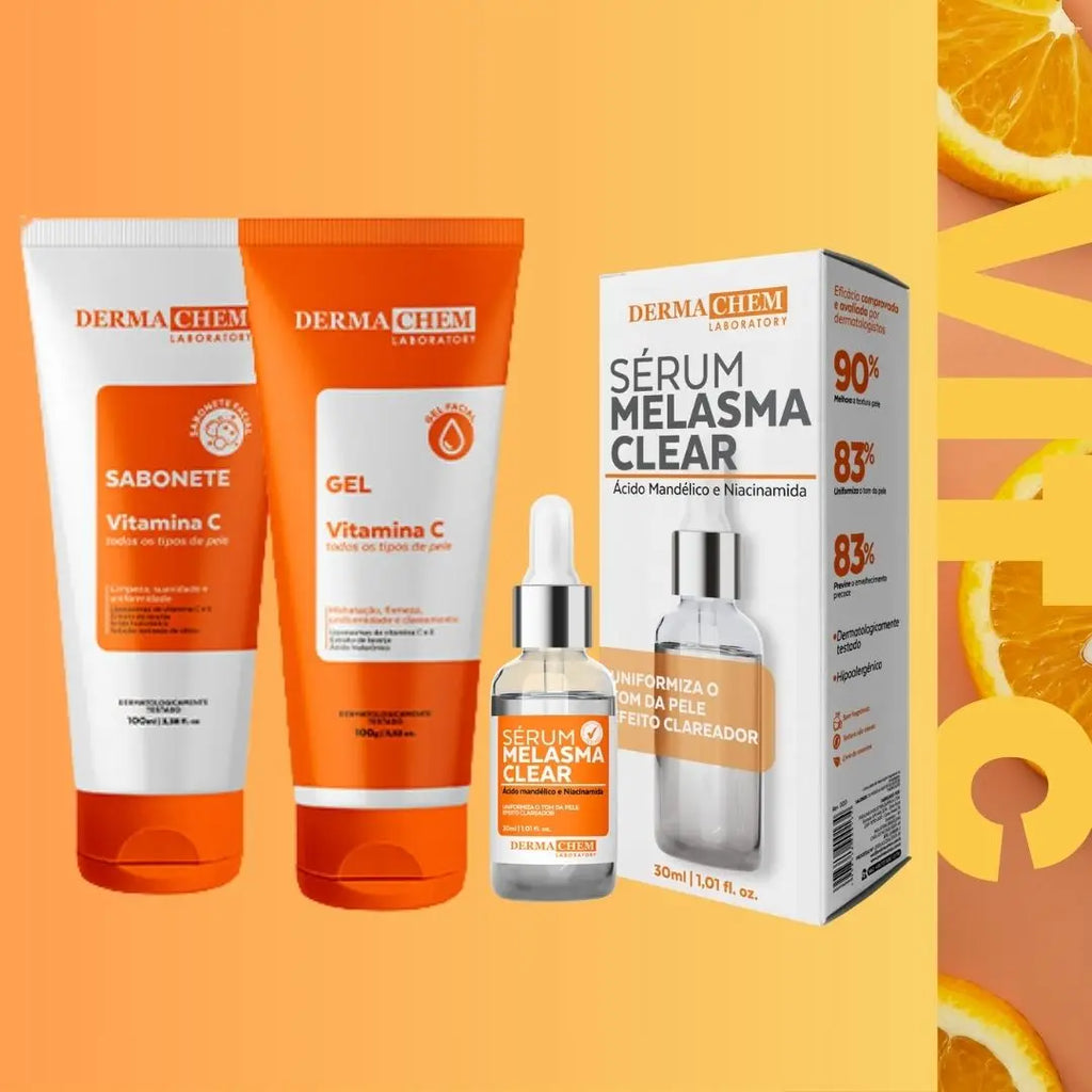 Kit Skincare Vitamina C Dermachem 3 em 1 – Clareador de Manchas, Anti-Idade e Rotina Completa para Pele Radiante