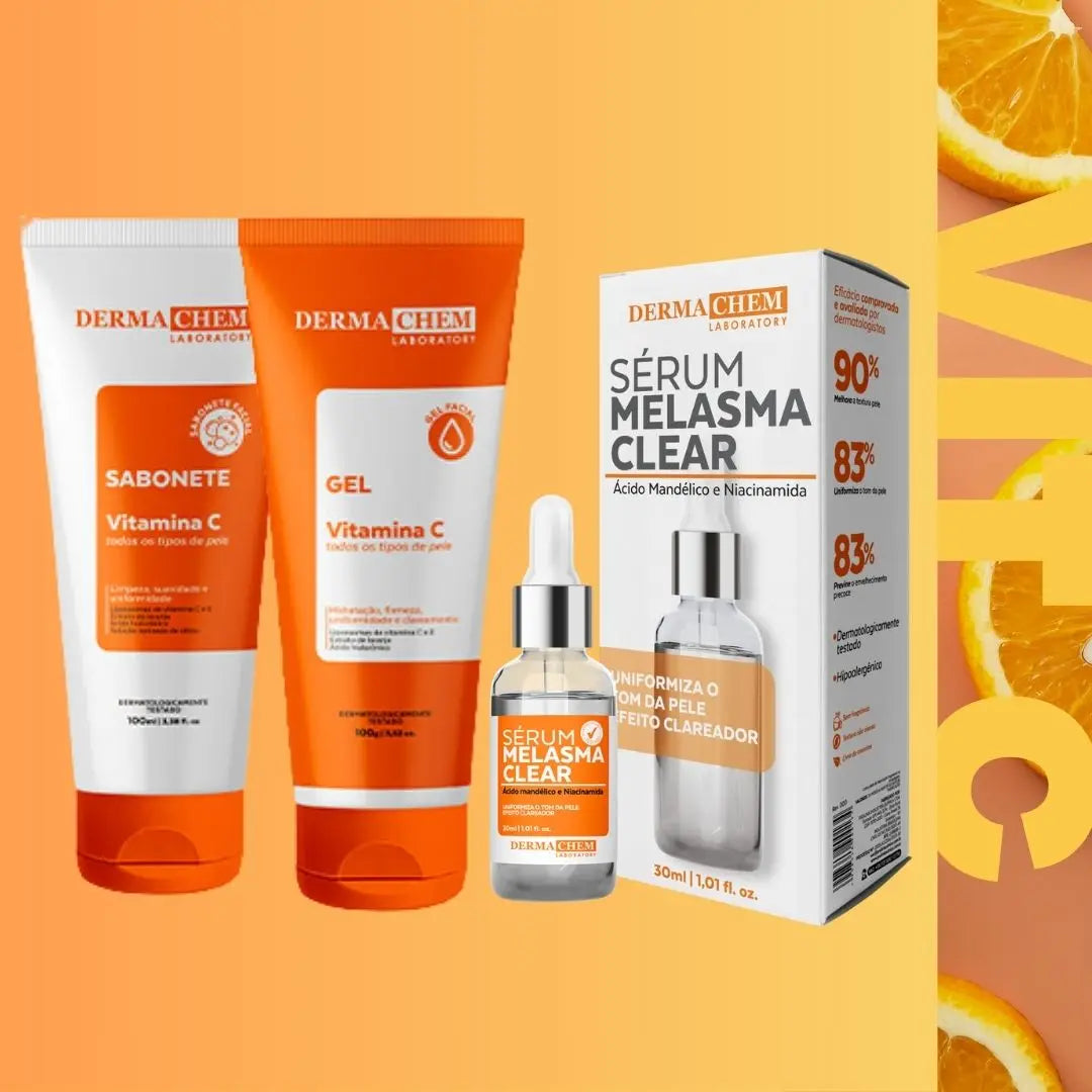 Kit Skincare Vitamina C Dermachem 3 em 1 – Clareador de Manchas, Anti-Idade e Rotina Completa para Pele Radiante