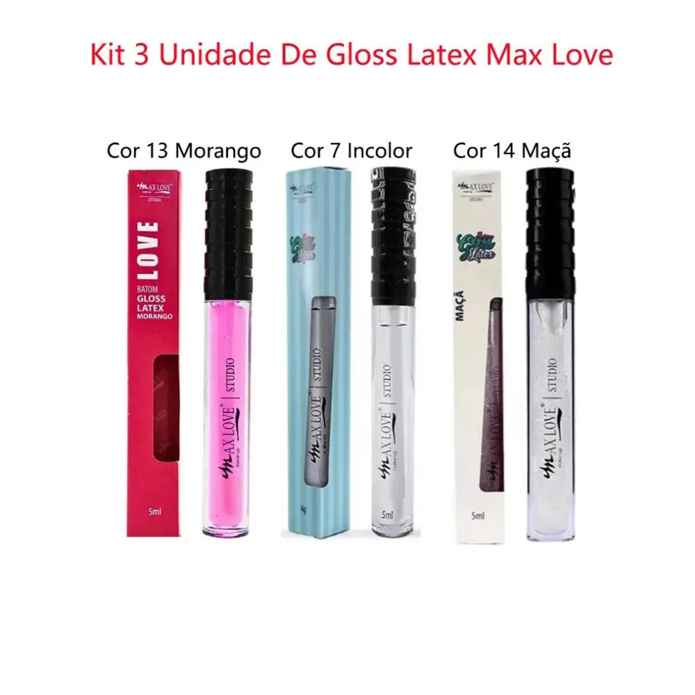 Kit 3 Batons Gloss Efeito Látex Max Love – Alta Pigmentação, Brilho Intenso e Lábios Hidratados