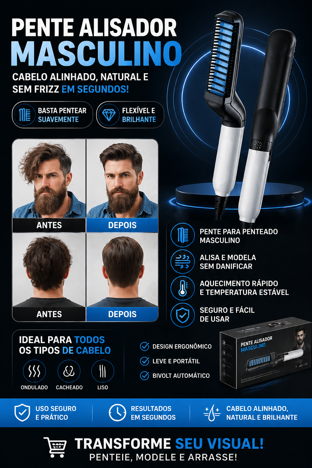 Escova Elétrica Masculina 2 em 1 para Barba e Cabelo – Modelador Portátil com Aquecimento Rápido e Anti-Frizz