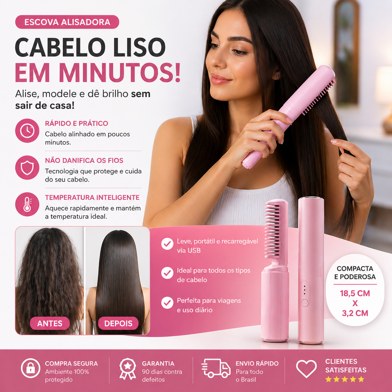 Escova Alisadora Mini Portátil Recarregável – Cabelo Liso em 30s Sem Danificar | Compacta e Prática para Uso Diário